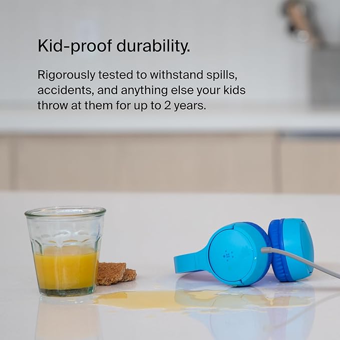 Belkin SoundForm Mini Kids Wired Headphones with Built-in Microphone & Fun Stickers, 85dB Safe Volume Limit – for Online Learning, Travel, Compatible w/iPhone 15, iPad, Galaxy S23, & More - Blue-CubbioJoy