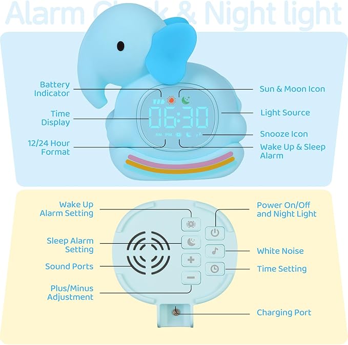 Alarm Clock for Kids with Night Light, Sleep Training Clock Time to Wake Clock, Rechargeable Silicone Light for Bedroom, Perfect Sleep Companion for Boys Girls，Blue Elephant-CubbioJoy
