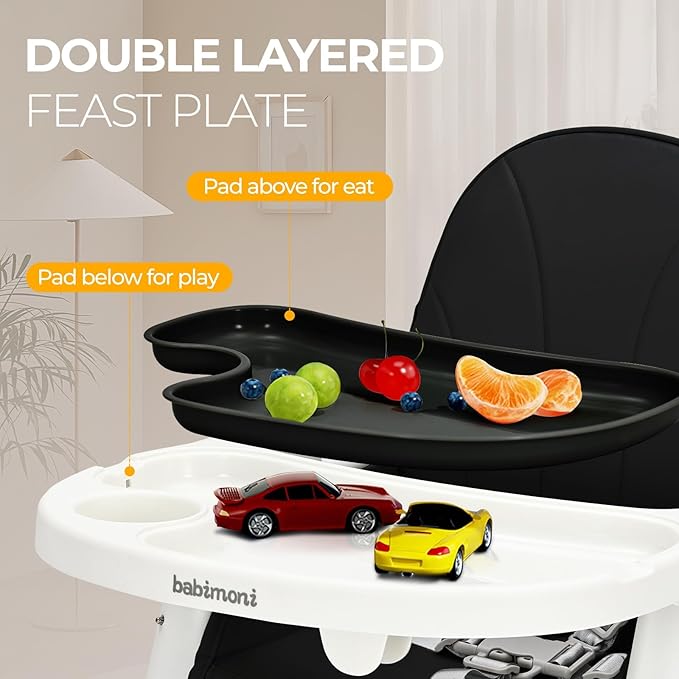 3 in 1 High Chairs, Convertible High Chair for Babies and Toddlers, High Chair with Foot Rest and Double Tray, Compact and Versatile, for Growing Kids, Black-CubbioJoy