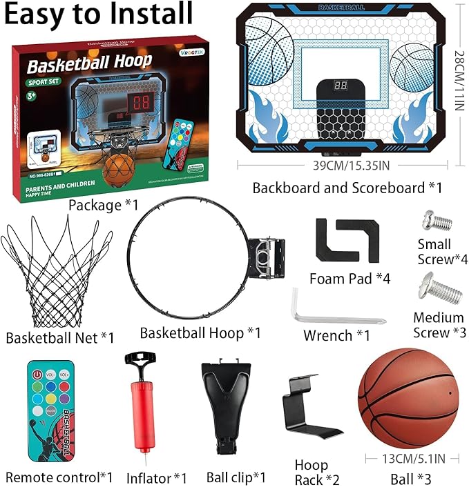 Indoor Basketball Hoop for Kids with Led Lights Mini Basketball Hoop with Remote Control Over The Door Basketball Hoops with Scoreboard Basketball Toys for 4-12 Year Old Boys Girls-CubbioJoy