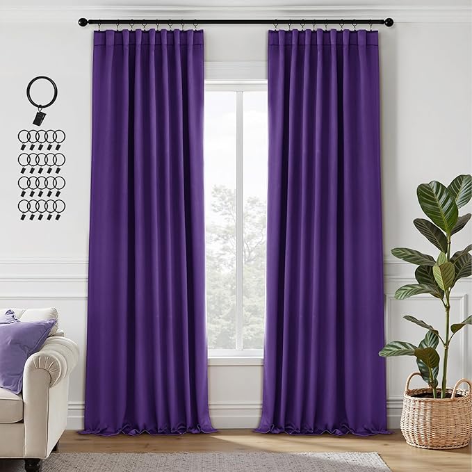 ANRODUO Back Tab Blackout Curtains for Bedroom Living Room, Rod Pocket Pinch Pleated Thermal Insulated Room Darkening Curtains 96 Inches Long 2 Panels, Purple, 42 x 96 Inch-CubbioJoy
