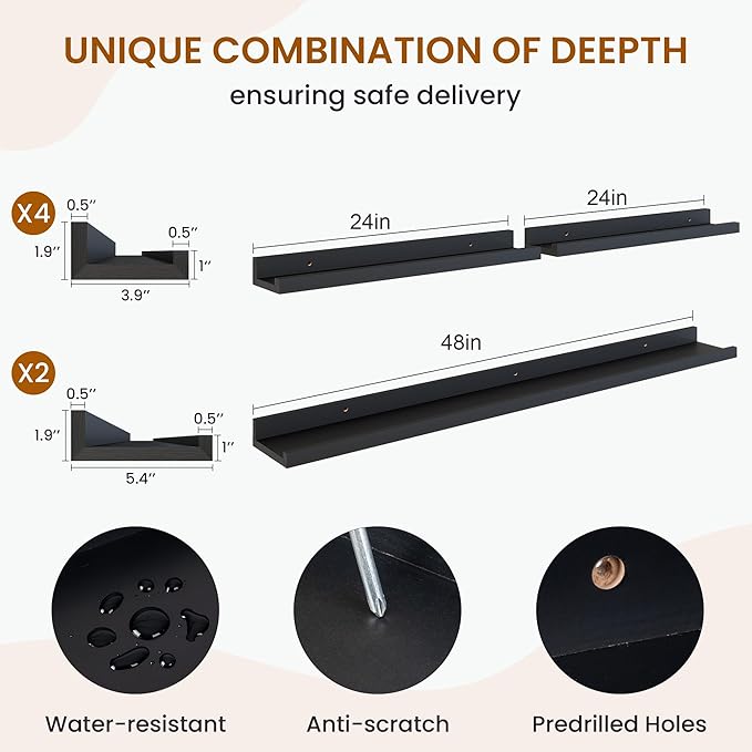 Axeman Picture Ledge Shelf, Floating Shelves for Wall Decor Storage Set of 6, 48 inch Floating Wall Mounted Shelves, Wall Shelves with Lip for Living Room, Bedroom, Nursery, Bathroom, Kitchen, Black-CubbioJoy