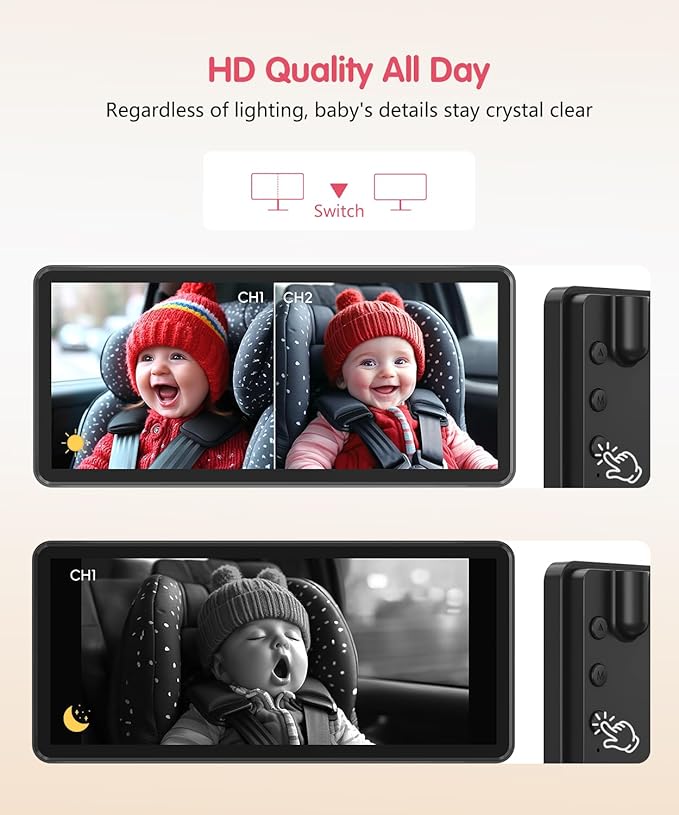 BM5PRO Double Car Camera for 2 Baby，7.2" 1080P Split Screen with IR Night Vision, Real-Time Monitoring Baby Car Camera,Easy Install, Family Travel Companion for Kids & Pets-CubbioJoy