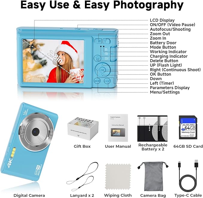 Digital Camera,4K Vlogging Camera for YouTube Autofocus 44MP FHD Camera,16X Digital Zoom Cheap Point and Shoot Digital Camera with 64GB Card for Kids Boys Girls Teens Adult Beginners,2 Batteries(Blue)-CubbioJoy
