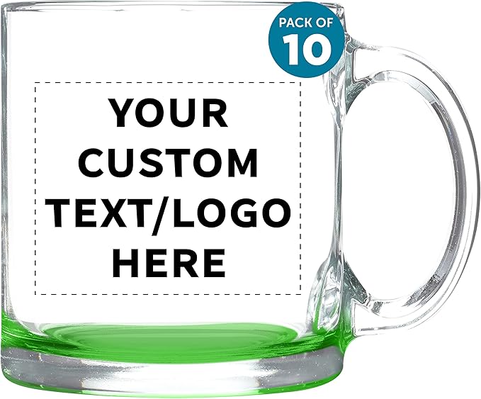 Custom Libbey Clear Glass Coffee Mugs 13 oz. Set of 10, Personalized Bulk Pack - Perfect for Coffee, Tea, Espresso, Hot Cocoa, Other Beverages - Green Bottom-CubbioJoy