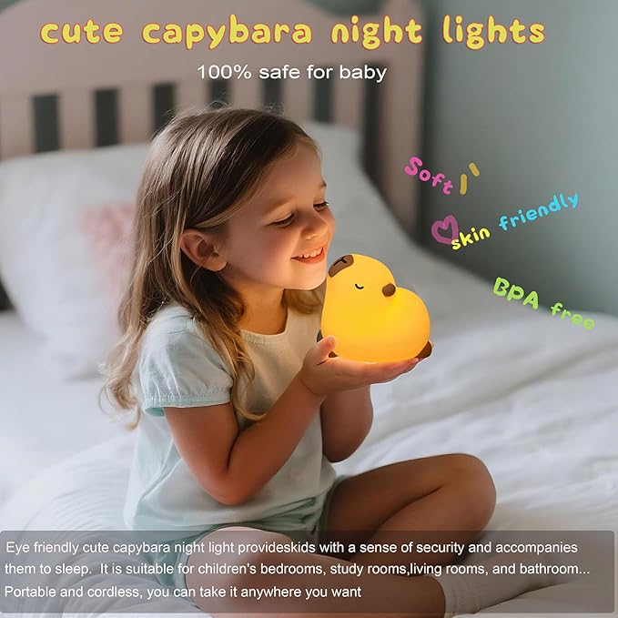 Cute Capybara Night Light, LED Capybara Lamp Rechargeable Touch Bedside Lamp,Squishy Animal Nightlight,3 Levels Dimmable,30Min Timer Nursery Night Light for Kids, Bedroom Baby Boys Girls Gifts-CubbioJoy