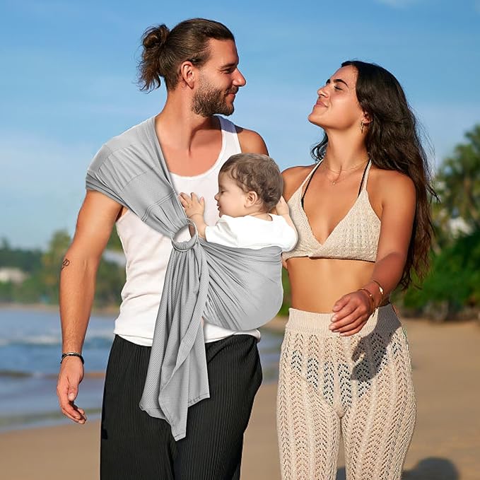 CUBY Water Baby Sling Carrier Lightweight Breathable Mesh Baby Ring Slings, Adjustable Quick-Drying Ring Sling Baby Carrier for Newborn Kids Toddlers Summer Swimming Pool Beach(Light Gray)-CubbioJoy