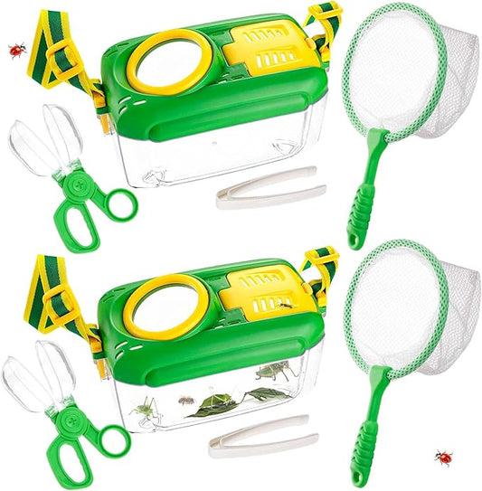 2 Set Bug Catcher for Kids- Educational Bug Catching Kit Including Butterfly Net, Insect Clip, Tweezer, Outdoor Toys for Kids Ages 3-10 (Green)-CubbioJoy