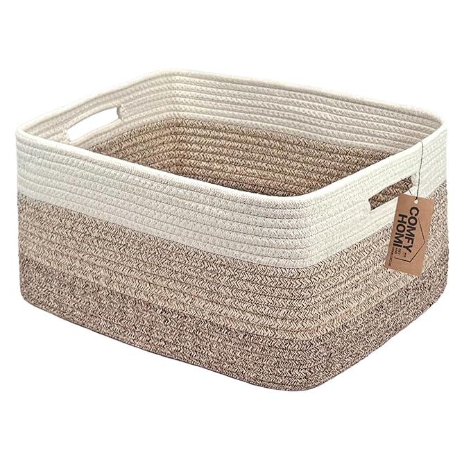 COMFY-HOMI Cotton Rope Woven Basket with Handles for Shelves,Toys,Book, Cloth Storage Baskets for Organizing-17" x 13" x 7.5" Toy Decorative Organizer for Living Room, Bathroom （white/3 brown）-CubbioJoy