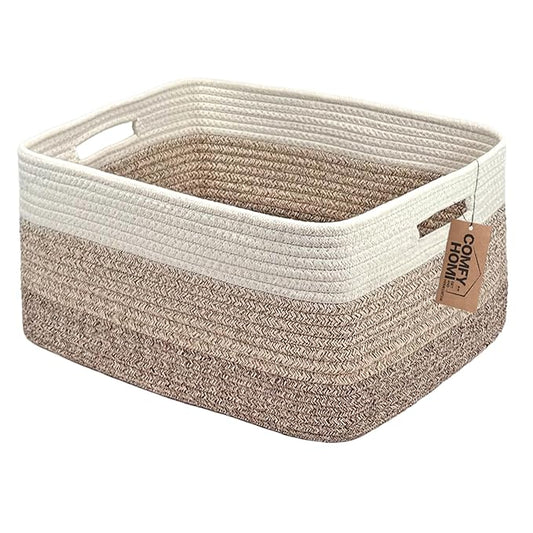 COMFY-HOMI Cotton Rope Woven Basket with Handles for Shelves,Toys,Book, Cloth Storage Baskets for Organizing-17" x 13" x 7.5" Toy Decorative Organizer for Living Room, Bathroom （white/3 brown）-CubbioJoy