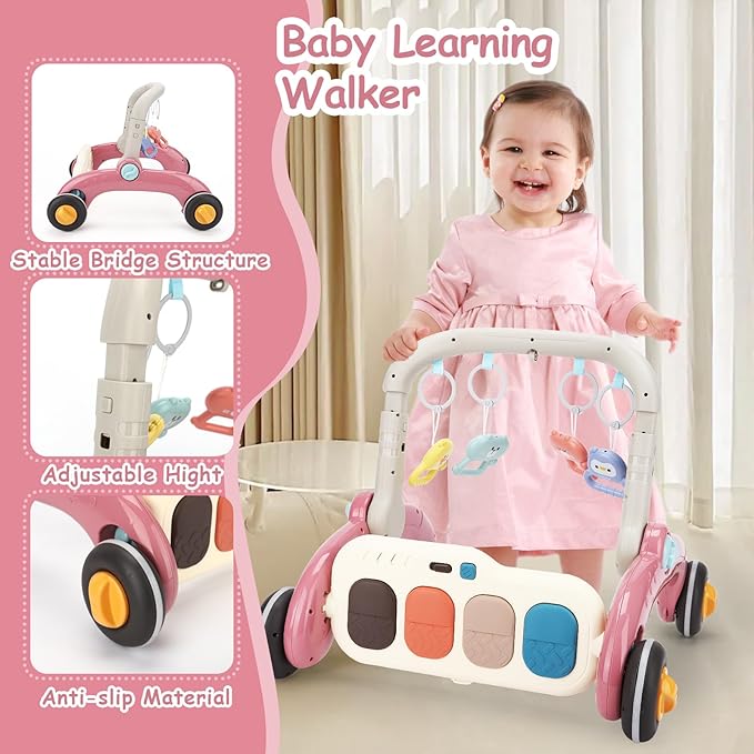 Baby Play Gym Walker Kick and Play Piano Gym for Boys Girls Play Mat Musical Tummy Time Mat Infant Christmas Newborn Gifts Toddlers (Pink)-CubbioJoy