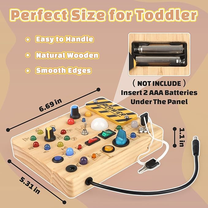 Joyreal Montessori Busy Board Wooden Sensory Toys for Toddler with LED Light Up Switch, Baby Fidget Board Travel Toys for 18+ Months, 1 2 3 Year Old Boys Girls Toddler Toy Gifts (Classic)-CubbioJoy