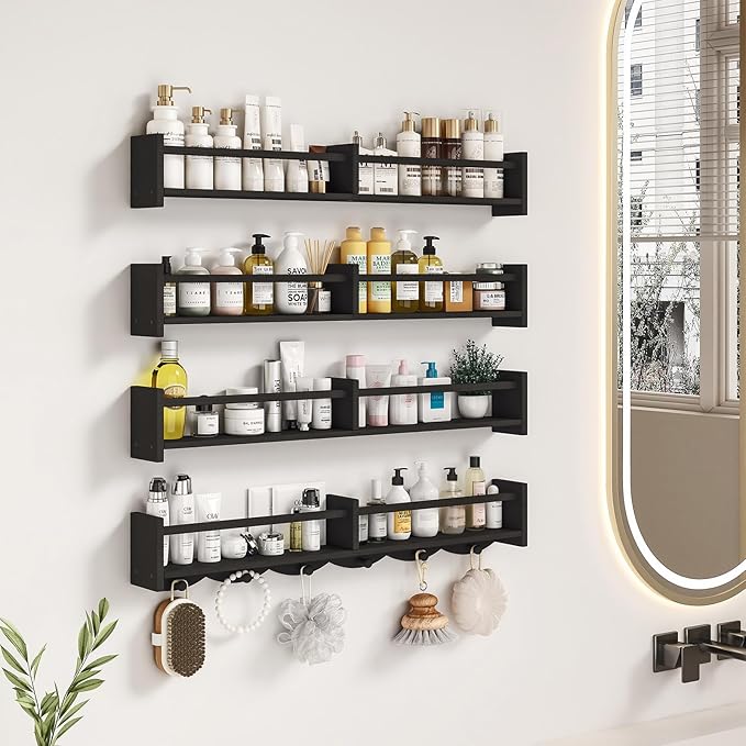 34Inch Nursery Bookshelves,Set of 4,Wall Floating Shelf Kids Coat Rack with 6Hooks,Hanging Book Shelf for Baby Nursery Room Décor ，Patent Number: 29958098(Black, 34)-CubbioJoy