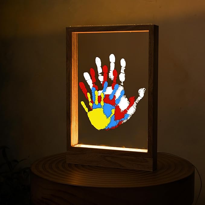 CHERRY CHEERS Family Handprint Kit with Light, Handprint Keepsake Frame, Wooden Led Light, Easy Install, No Need Screw etc, Non-Toxic Paints (Brown)-CubbioJoy
