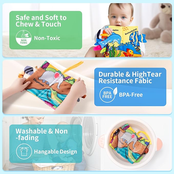 Baby Books 0-6 Months, 2PCS Crinkle Books for Babies, Touch and Feel Sensory Cloth Book 6-12 Months, Tummy Time Toys, Baby Toys for Newborn 6 Page Pink-CubbioJoy