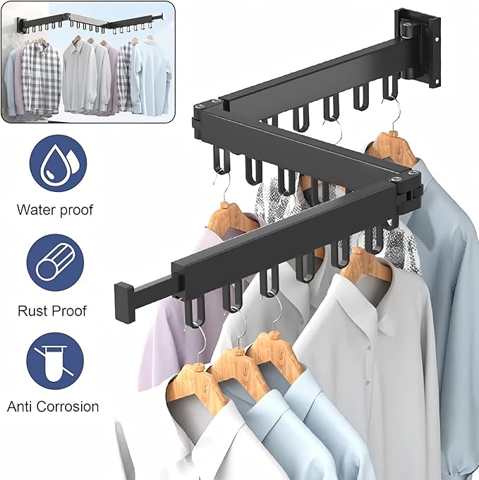 Clothes Drying Rack Wall Mounted,Space Saving Wall Drying Rack,Retractable Collapsible Tri-Fold,for Bathroom,Balcony,Outdoor lndoor with Laundry,Black-CubbioJoy
