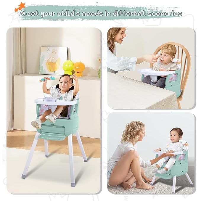 4 in 1 Portable Baby High Chair,Convertible Highchair for Babies and Toddlers-Foldable Infant Booster Seat,Carry Small Box,Dining Chair,Toddler High Chair with 5-Point Harness,Removable Tray-Green-CubbioJoy