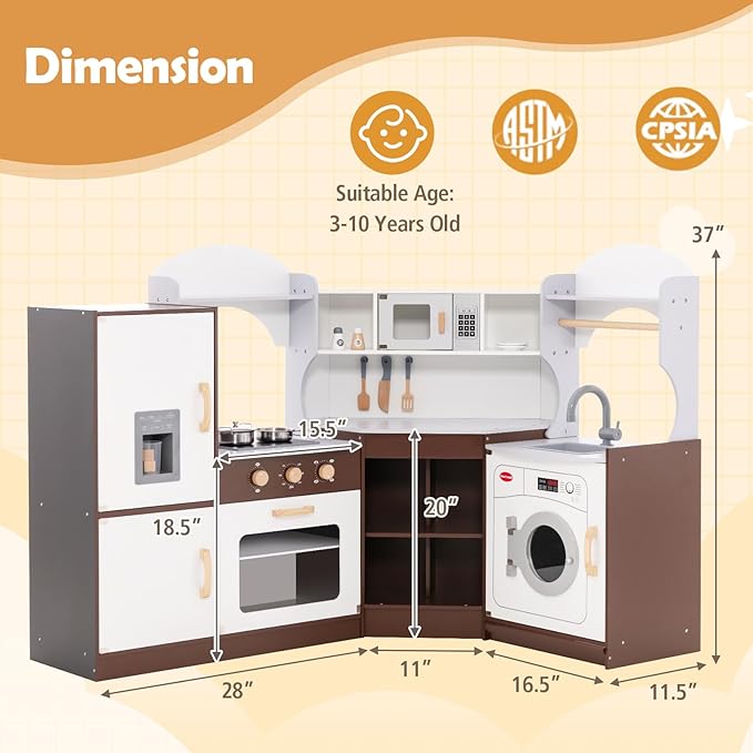 Costzon Corner Kids Kitchen Playset, Wooden Play Kitchen with Sounds & Lights, Washing Machine, Ice Maker, Microwave, Oven, Sink & Faucet, Pretend Toy Kitchen Set for Toddler, Gift for Boys Girls-CubbioJoy