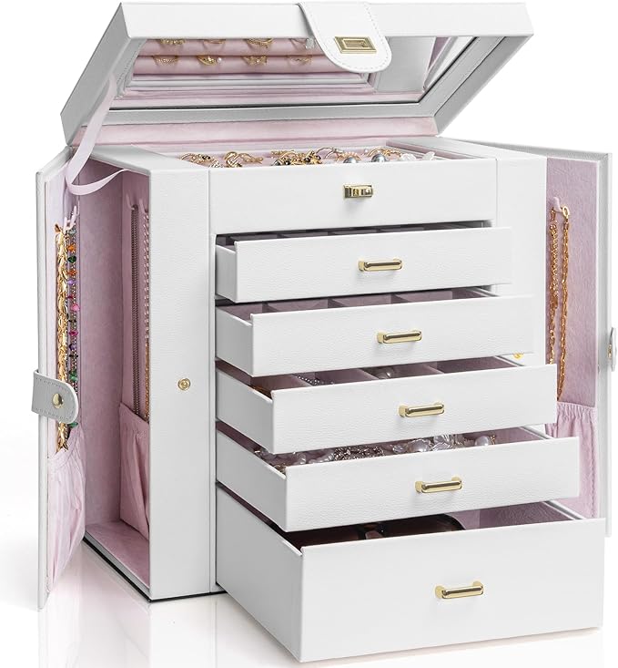 AKOZLIN Extra Large 6-Tier Jewelry Box Organizer with Mirror, 5 Drawers Leather Jewelry Storage Case for Women Girls Ring Necklace Earring Bracelet White-CubbioJoy