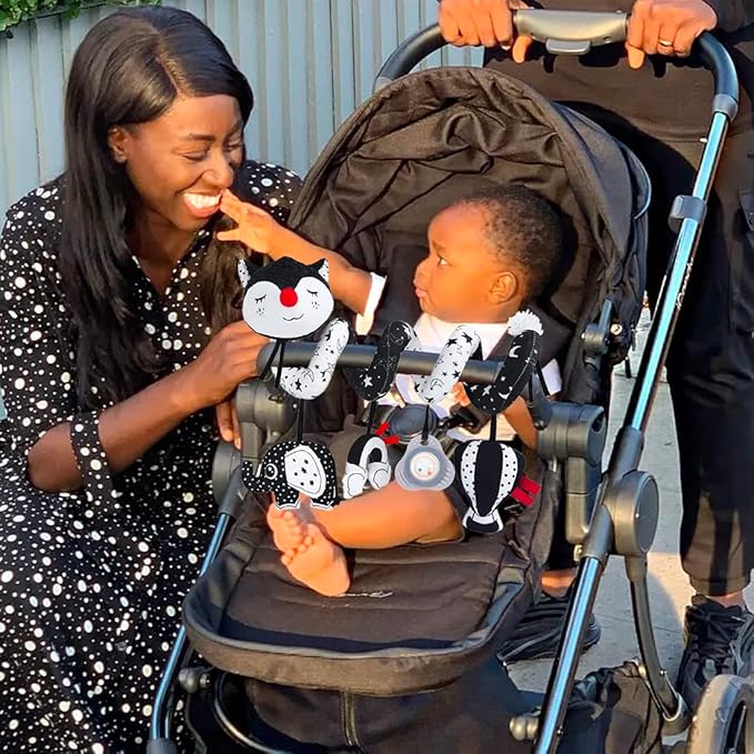 Car Seat Toys, High Contrast Black and White Toy for Infants 0-3 6 12 Months, Musical Black Fox Carseat Toys Stroller Toy for Babies Newborns-CubbioJoy