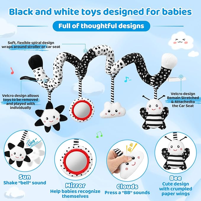 Car Seat Toys Hanging and Stroller Toys for Babies 0-6 Months，High Contrast Baby Toys for Newborn 0 3 Months Brain Development,Black and White Baby Toys for Crib Mobile，Infant Ideal Gift-CubbioJoy