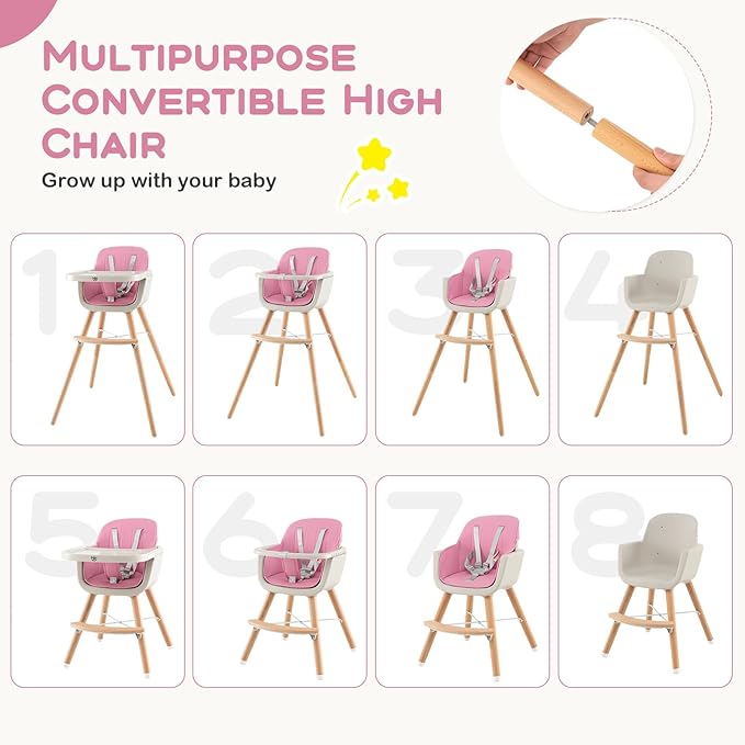 BABY JOY Convertible Baby High Chair, 3 in 1 Wooden Highchair/Booster/Chair with Removable Tray, Adjustable Legs, 5-Point Harness, PU Cushion and Footrest for Baby, Infants, Toddlers (Pink)-CubbioJoy