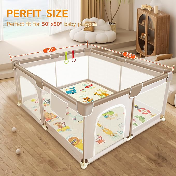 Baby Play Mat - Thicken 50x50 Inch Soft Foam Crawling Mat for Playpen & Floor, Non-Slip Waterproof Playmats for Infants & Toddlers, Portable Foldable & Machine Washable, Beach Animals-CubbioJoy