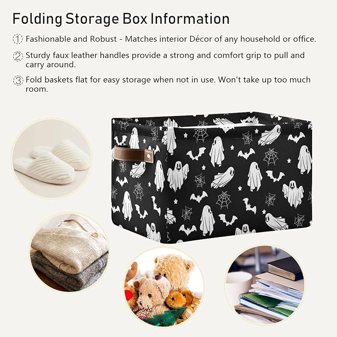 Collapsible Storage Basket Bin Happy Halloween Organizer Cube with Handle, Canvas, Black-CubbioJoy