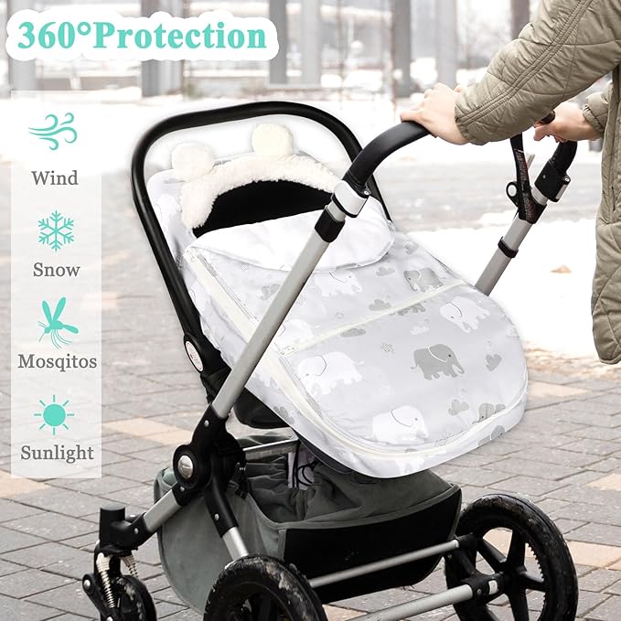 Carseat Cover Boys, Winter Cozy & Warm Cover, Elephant Baby Car Seat Cover, Infant Car Seat Canopy, Ultra-Soft Breathable Protect Baby from Cold Wind, Zipped Removable Design-CubbioJoy
