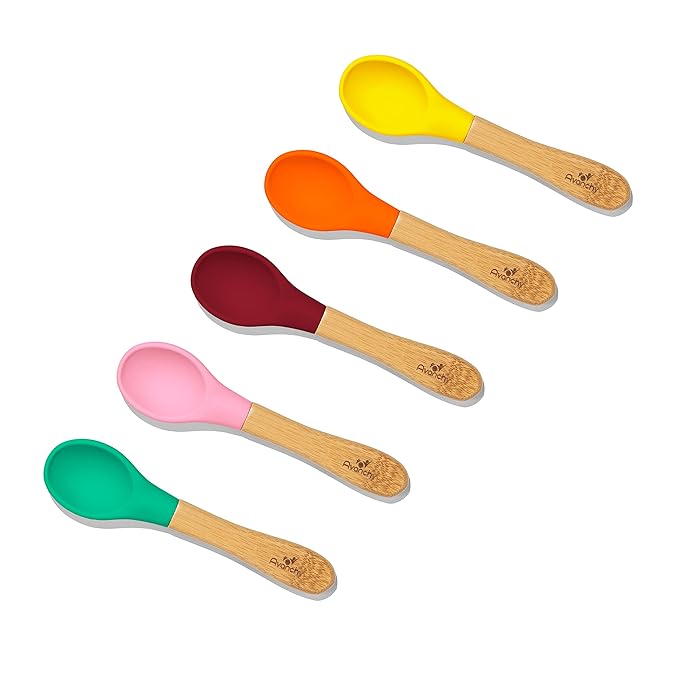 Avanchy Baby Spoons 5 Bamboo and Silicone Set, Self Feeding Food Utensils, 4 Months Baby Led Weaning, 5 Pack W/Pink-CubbioJoy