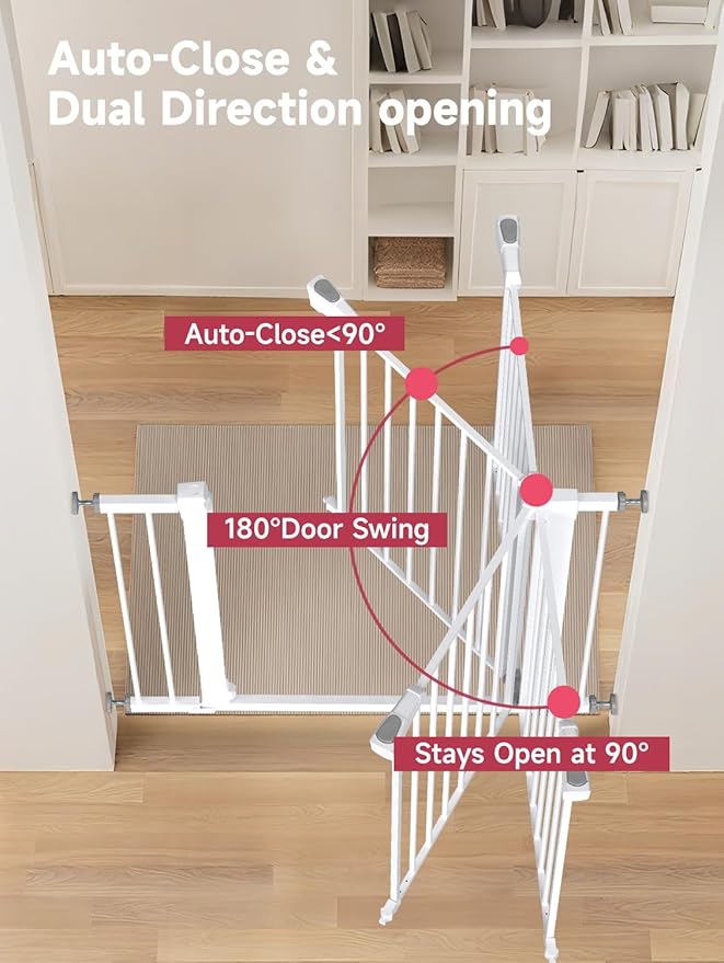 Baby Gate for Stairs, 29.5-40.5" Dog Gate for Doorways, Walk Thru Auto Close Metal Child Gate for The House, Stairs and Doorways, Pressure Mounted Pet Gate for Dog Indoor (White)-CubbioJoy