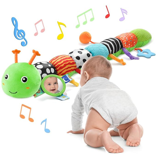 Baby Toys 6-12 Months Music Caterpillar Infant Toys Stuffed Animals 0-3-6 Months Tummy Time Teething Sensory Toys with Mirror Rattle&Pull String for Boys Girls Birthday Gifts|Green,Knot Limb-CubbioJoy