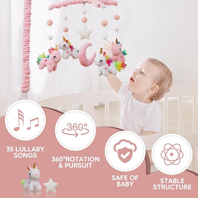 Baby Crib Mobile - Unicorn Crib Mobile for Girls with 25 Inches Mobile Arm and 35 Lullabies Musical Box, 3 Modes Digital, Volume Control, Essential Gift for Infant Bedroom Hanging Decor-CubbioJoy