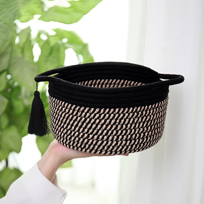 Decorative Small Gift Basket Empty – SweetMemo Cute Woven Rope Organizer Baskets for Desk, Bedside, Bathroom, Key, Round Boho Decor Cotton Bin with tassel, Gift Bag, Ribbon – Rustic Black Brown-CubbioJoy