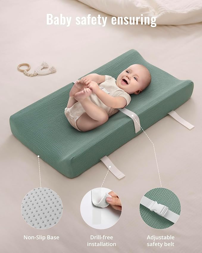 Blissful Diary Muslin Baby Changing Pad with Waterproof Lining Foam, Diaper Changing Table Pad with Cover for Dressers (Roman Green, Rectangular)-CubbioJoy