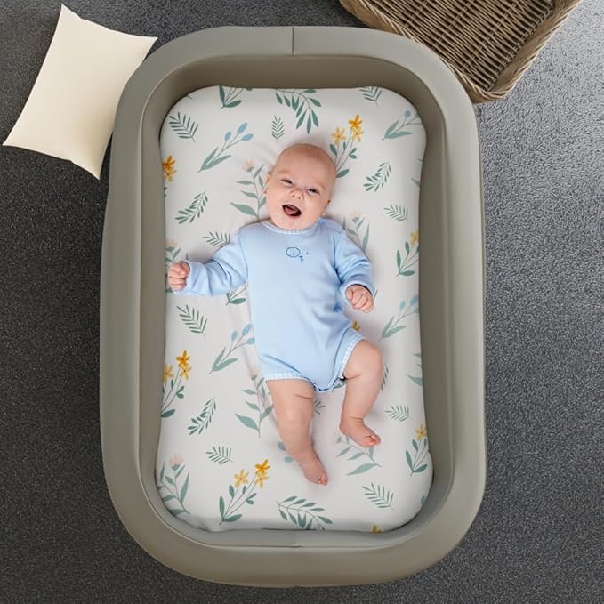 4 Pack Sage Green Fitted Nursery Sheets Breathable Neutral Unisex Baby Sheets for Boys or Girls with Leaf and Flower Design (Bassinet)-CubbioJoy