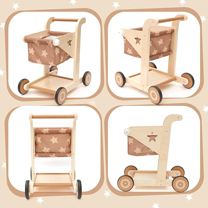 Asweets 2 in 1 Wooden Baby Walker Push and Pull Doll Stroller, Shopping Cart Learning Walker for Boys and Girls, Sit Stand Learning Toddler Toy (Brown)-CubbioJoy