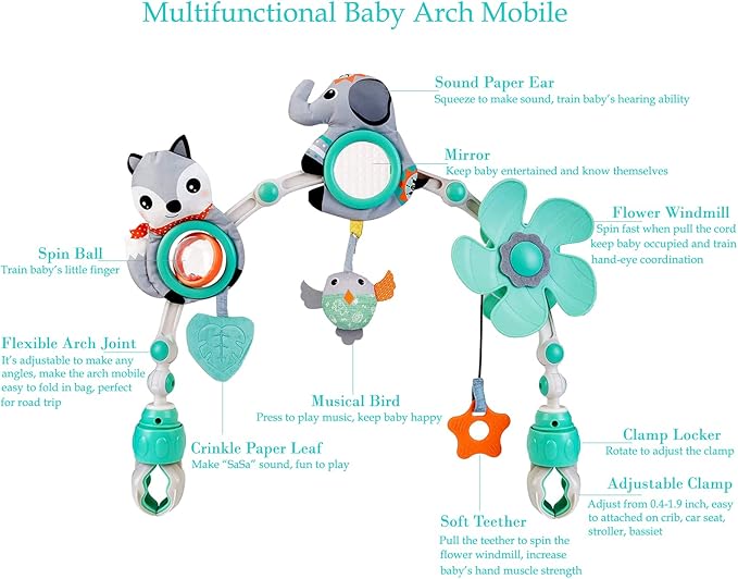 Baby Stroller Arch Mobile, Adjustable Musical Arch Toys Mobile for Crib with Universal Clamps, Versatile Activity Toy Bar for Bouncer Infant Car Seat Toys 0 6 Months Mobile for Bassinet Swing - Gray-CubbioJoy
