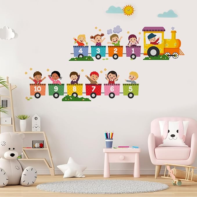 Alphabet Train Color Learning Educational Wall Decals Peel and Stick Cute Animal Wall Stickers for Educational Classroom Kids Playroom Bedroom Decorations (Train Numbers Reverse)-CubbioJoy