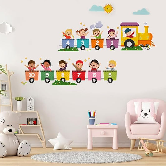 Alphabet Train Color Learning Educational Wall Decals Peel and Stick Cute Animal Wall Stickers for Educational Classroom Kids Playroom Bedroom Decorations (Train Numbers Reverse)-CubbioJoy