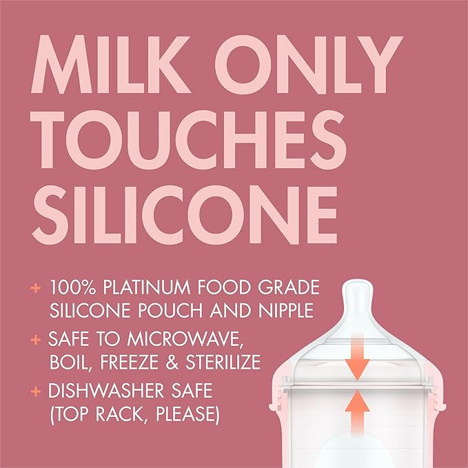 Boon Nursh Reusable Silicone Pouch Baby Bottles - Medium Flow Nipple - Silicone Baby Bottle Pouch and Nipple - Baby Feeding Essentials - Pink - 3-6 Months - 3 Count - 8 Ounce-CubbioJoy