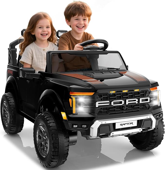 24V Ride on Car Licensed Ford F-150 Raptor, Kids Electric Car with Remote Control, LED Light/Music/MP3, Truck Bed Storage, 3-Point Seat Belt (24V, Black)-CubbioJoy