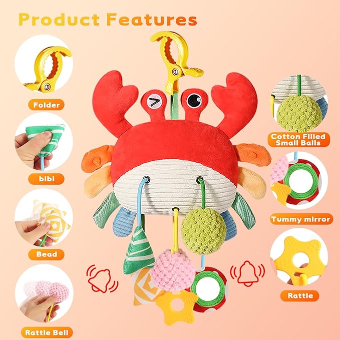 Car Seat Toys for Babies 0–12 Months, Hanging Infant Plush Rattle Toy with Mirror & Crinkle Clip-On Activity Toy for Car Seat, Stroller, Crib & Play Gym Baby Gift for Boys & Girls-CubbioJoy