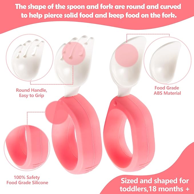 Baby Self Feeding Training Spoon and Fork Set with Travel Case, BPA-Free Cute Circle Toddler Training Utensils, Silicone/ABS Great Tableware Set Spoons Fork for Kids(Yellow)-CubbioJoy