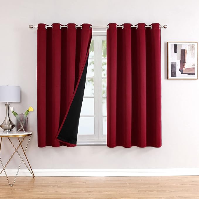 ChrisDowa 100% Blackout Curtains for Bedroom with Black Liner, 2 Thick Layers Total Blackout Thermal Insulated Grommet Window Curtains 2 Panels Set (Burgundy, 52 x 63 Inch)-CubbioJoy