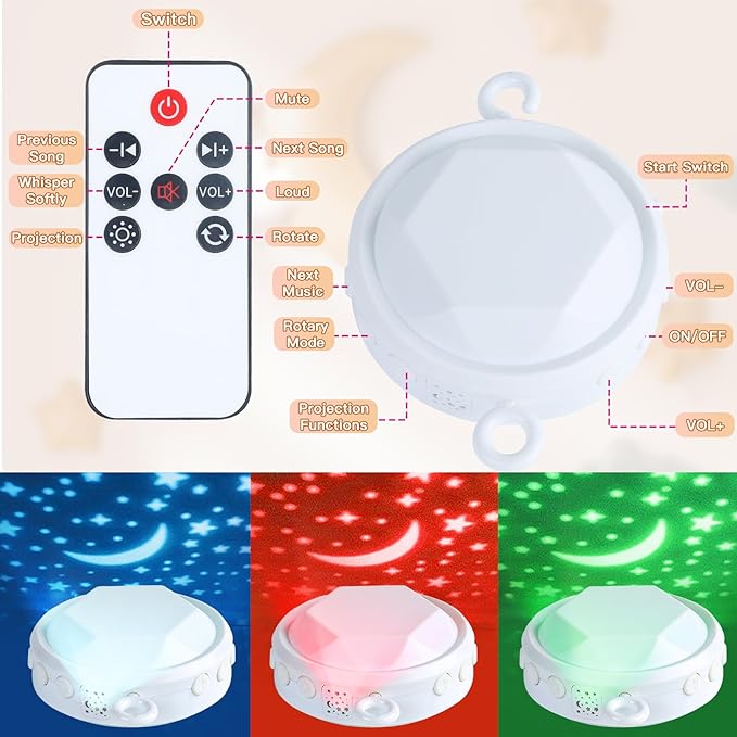 Baby Crib Mobile with Music and Lights, Mobile for Crib with Remote Control, Rotation, Starlight Projection, Crib Toys for Babies Boys Girls(Pink)-CubbioJoy