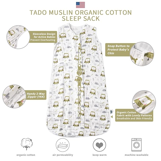 Baby Sleep Sack 2-4 T Baby Wearable Blanket 100% Organic Cotton 0.5 TOG Toddler Sleeping Sack 2- Way Zipper Soft Lightweight X-Large Owl-CubbioJoy