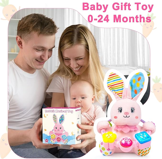 Baby Rabbit Musical Stuffed Animals Toy,Infant Bunny Bilingual Early Learning Education Toy with Light-Up Music & Crinkle,1st Easter Basket Shower Stuffers for 0 1 2 3 6 9 12 18 Month Girl,Pink-CubbioJoy