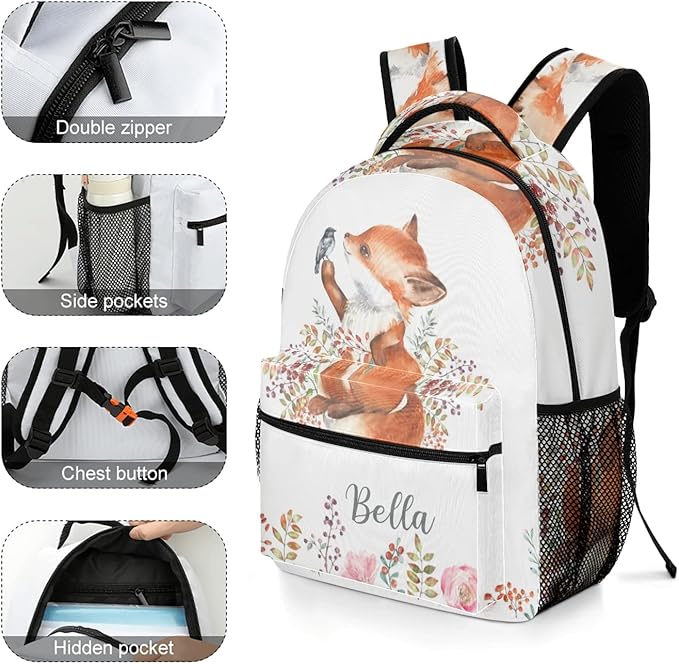Cute Fox Little Bird Custom Kids Backpack 16.5 Inch for Boy Girl, Personalized Waterproof Child School Travel Bag with Name Option5-CubbioJoy