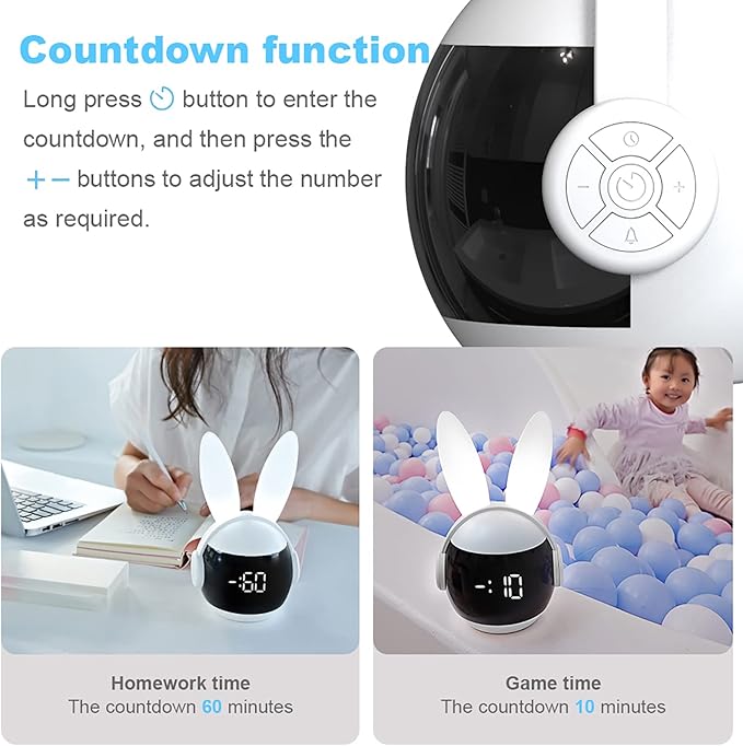 Kids Alarm Clock for Kids, Bunny Alarm Clocks for Girls Boys, White Kid Alarm Clock with Ringtones & Night Light Rechargeable Snoozing-CubbioJoy